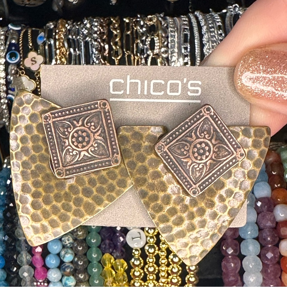 Chicos Hammered Dangle 1.5" Earrings Bronze Tone Statement Boho NWT